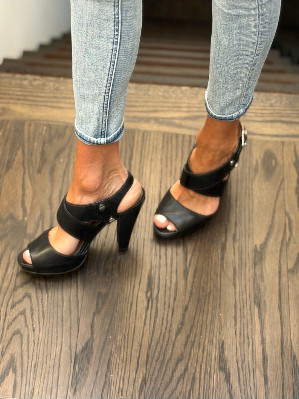 Calvin Klein Black Leather Platform Block Heel Sandals